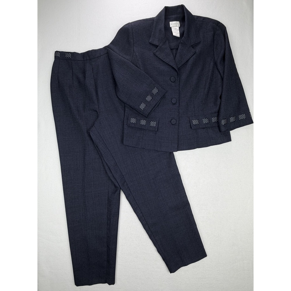 Koret Dress Navy Blue Textured Pant Suit Set Polka Dot Trim Size 10